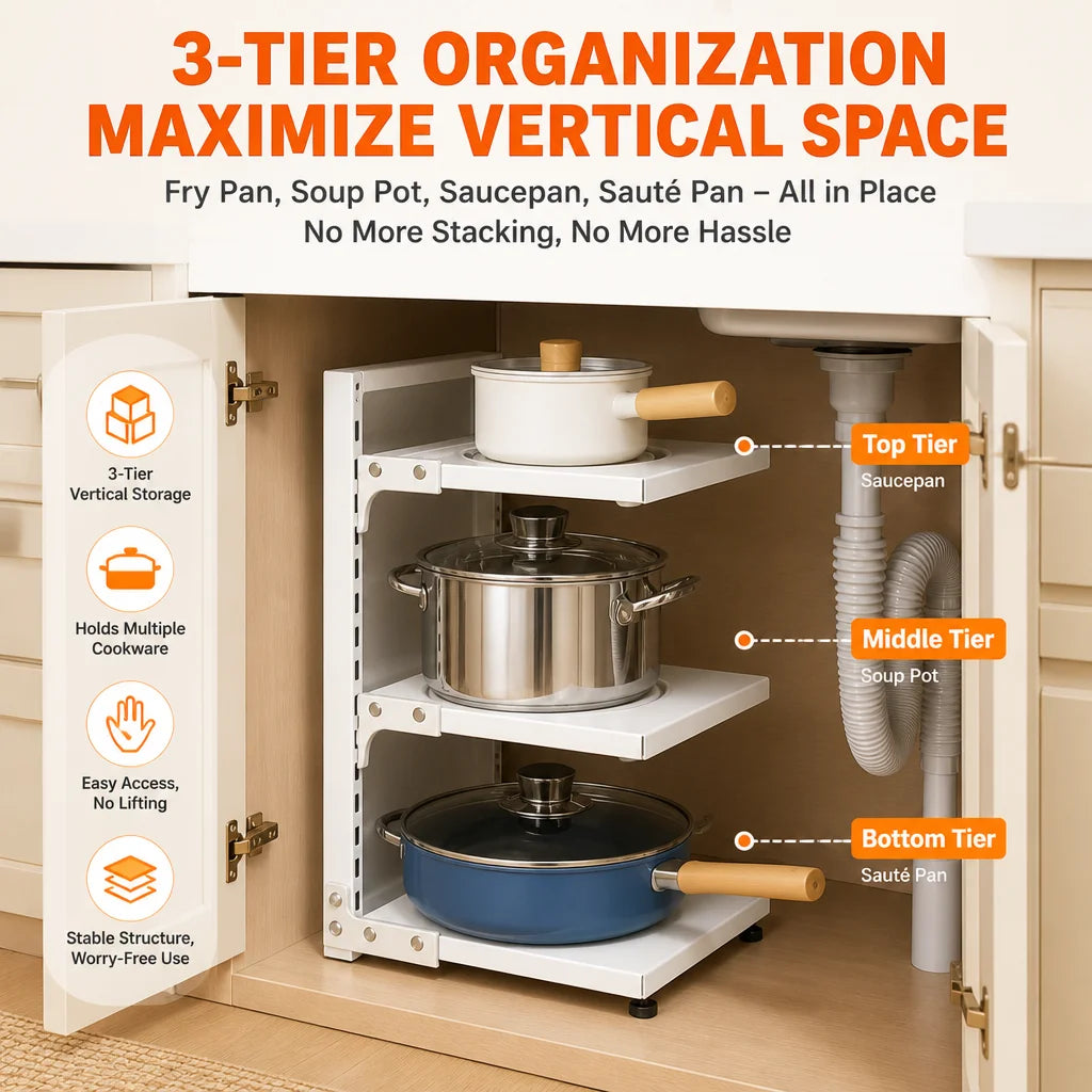 Adjustable Under Sink Storage Rack, White 3-Tier Pull Out Kitchen Cabinet Organizer, Multi-layer Metal Shelf for Pots Pans, Space Saving Under Basin Storage Holder for Bathroom Kitchen Counter Cabinet
