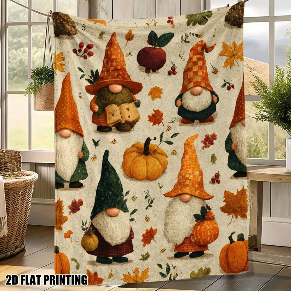1pc Warm Thanksgiving Gnomes Printed Flannel Throw Blanket - Suitable for Bed, Sofa, Floor, and Office - The Perfect Comfortable Experience for All Seasons