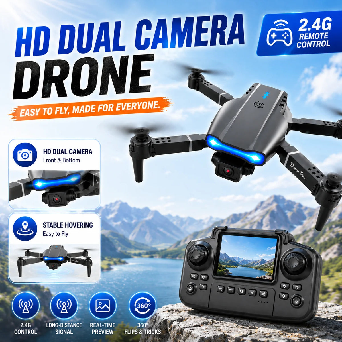 Znlyrion Foldable RC Drone With 4K Dual Camera Obstacle Avoidance