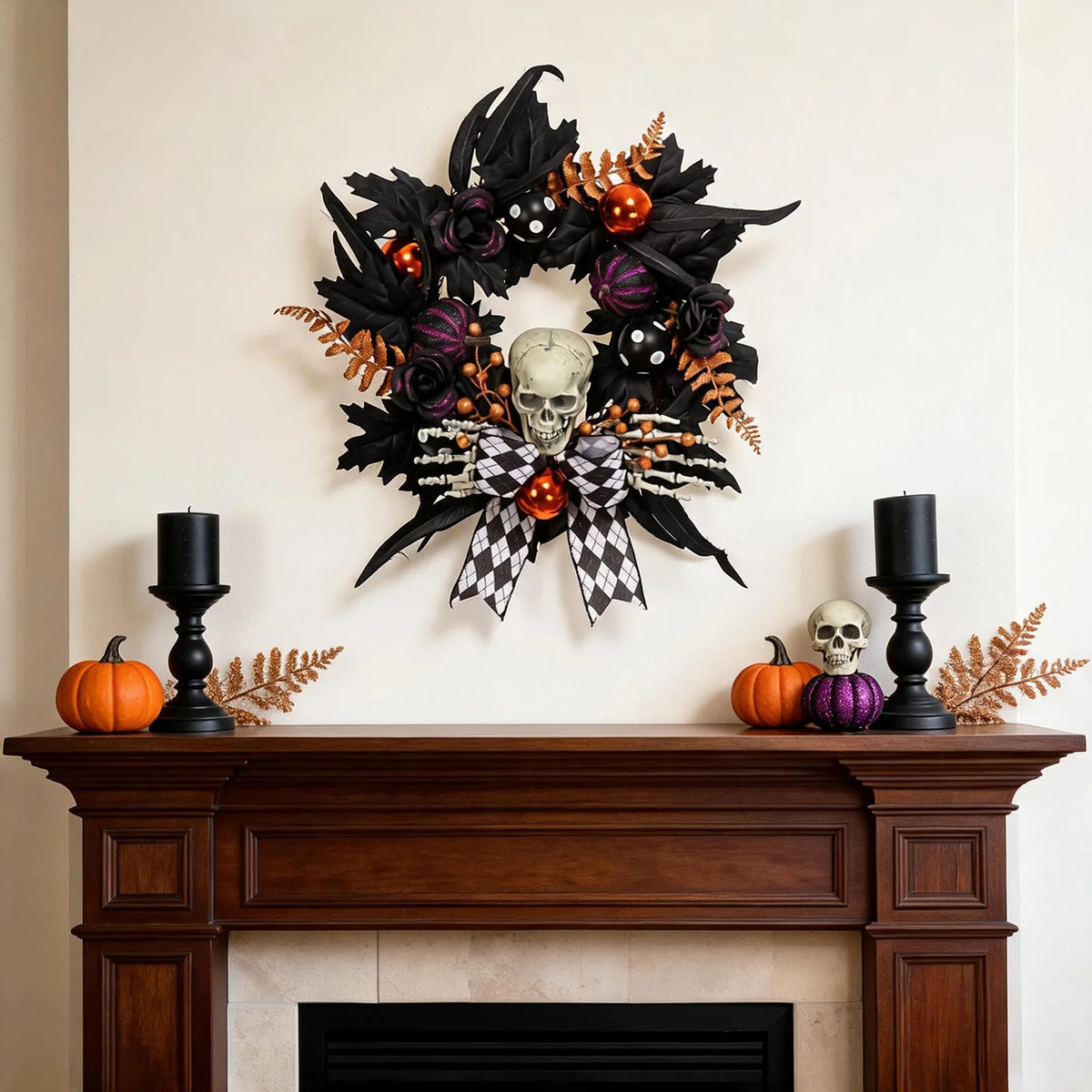 20in Halloween Skeleton Wreath Gothic Skull Hands Black Feathers Pumpkins Front Door Porch Wall Window Party Decor Indoor Outdoor