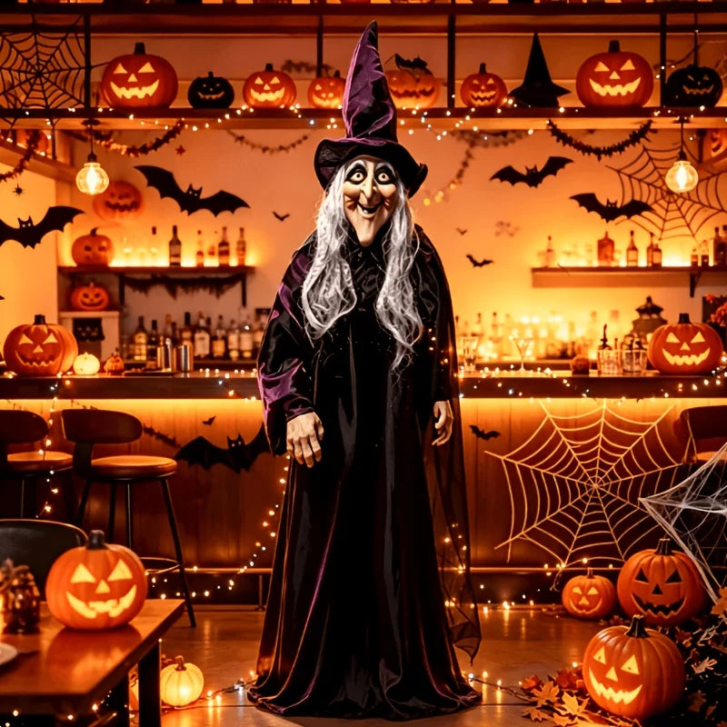 3D Halloween Glowing Witch Decoration Life Size Human Height Oversized Standing Design Black Gauze Robe Pumpkin Lantern Porch Scene Display Terrifying Holiday Atmosphere