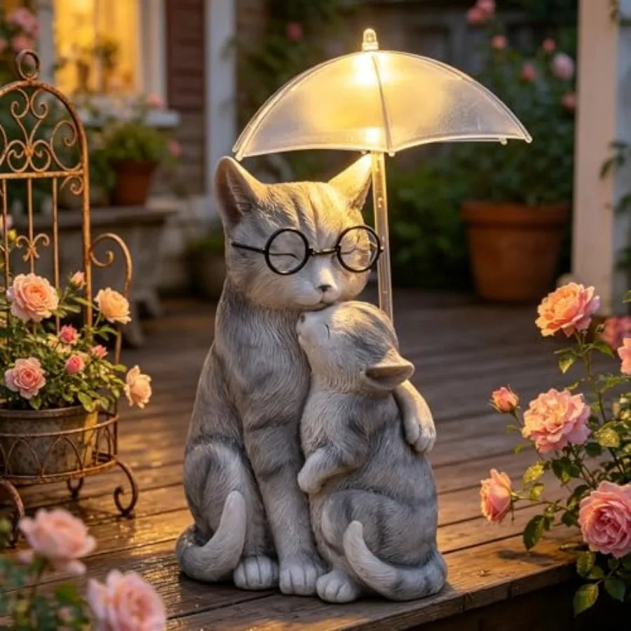 Solar Cat Statue Garden Decor, Mother and Baby Kitten with Umbrella LED Light, Loving Cat Figurines Yard Decorations Outdoor fo