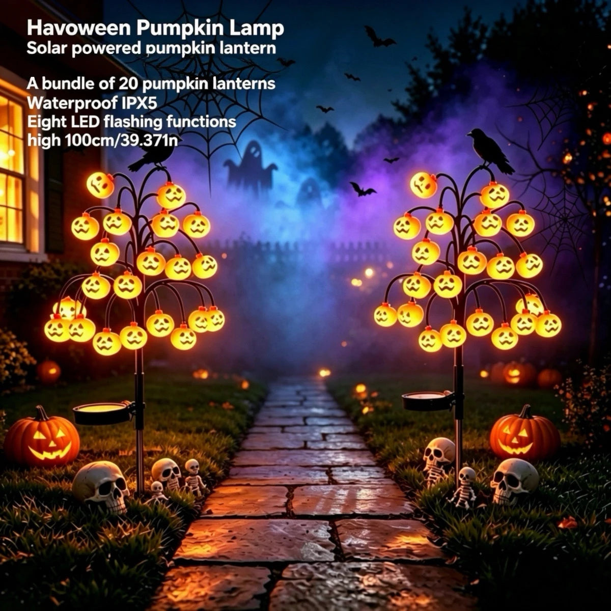 1 Set / 2 Sets of Halloween solar swaying pumpkin lamps, Floor-standing lamps, Decorative lights for creating a terrifying outdoor Halloween atmosphere. One lamp features 20 warm white LEDs, an extended support pole of 100cm,