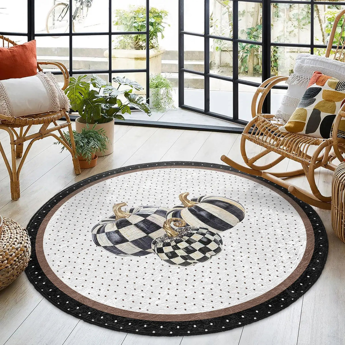 【Room Decor Carpet】Plaid Pumpkin Pattern Round Carpet - Striped Dot Design Round Mat - Black and White Decorative Carpet - Decorative Round Carpet - Autumn Theme Round Carpet