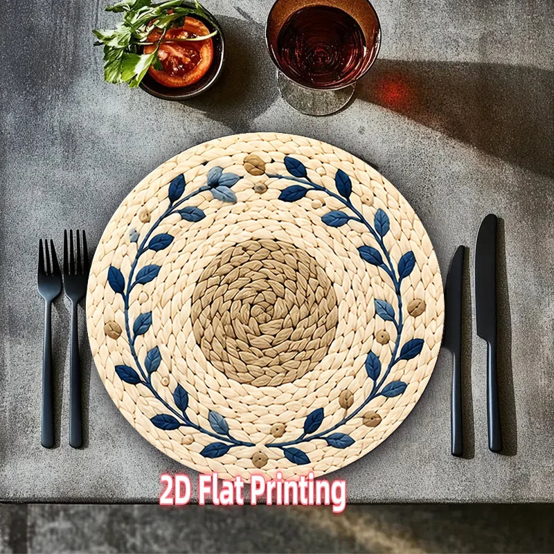 Set of 4 Beige & Blue Round Wooden Placemats - Suitable for Textured Dining Tables, Table Decor, Ideal for Parties, Easter Dinners and Table Settings, 2D Flat Print