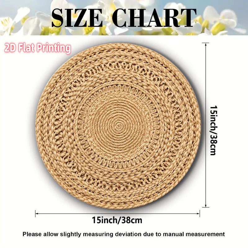 4-Pack Natural Fiber Round Placemats, Suitable for Parties and Gatherings. The table mats feature a woven natural fiber design with machine-washable fabric, ideal for decorative table settings, dining tables and Christmas dec