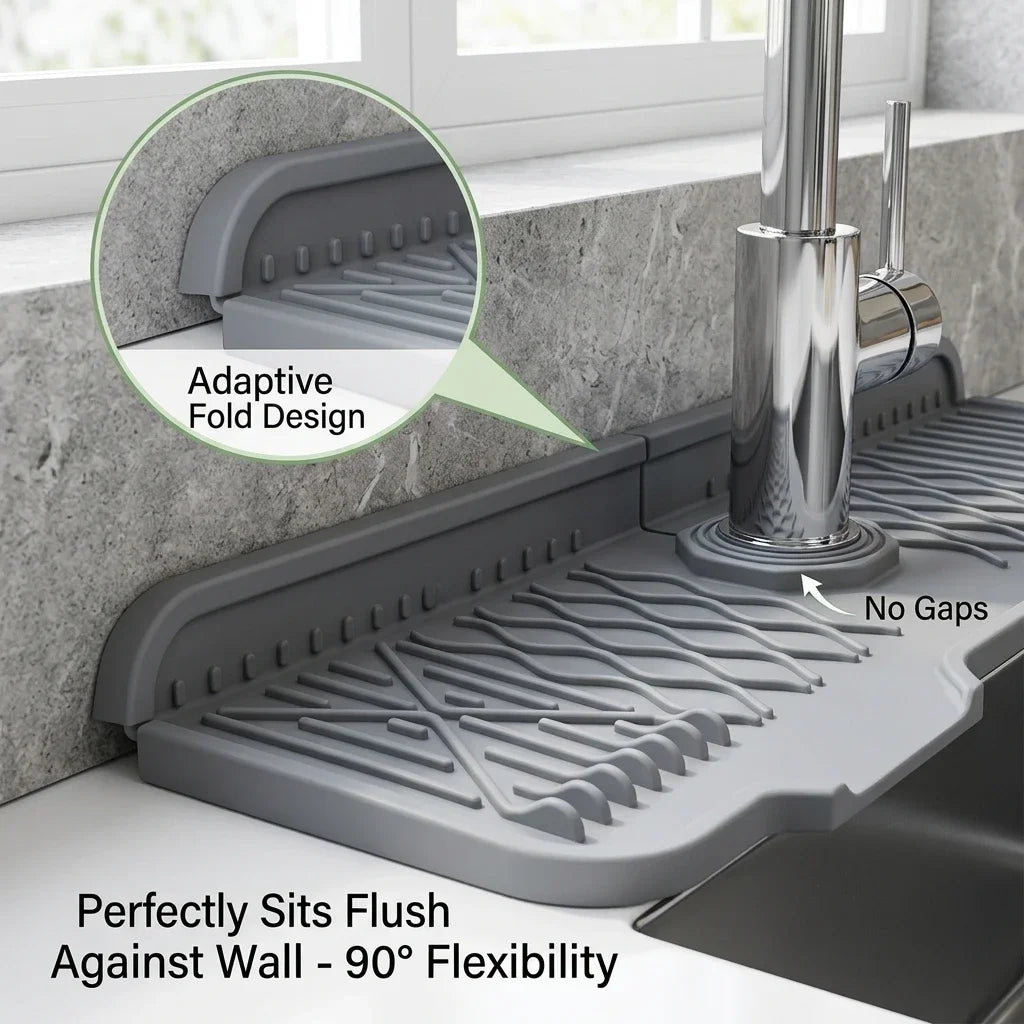 Silicone Faucet Mat Kitchen Sink Splash Guard, 17 Inch Self Draining Drip Catcher with Gravity-Led Drainage System, 5° Inclined Science Adaptive Fold Draining Mat for Bathroom Countertop, Matte Dark Gray Universal Fit Faucet