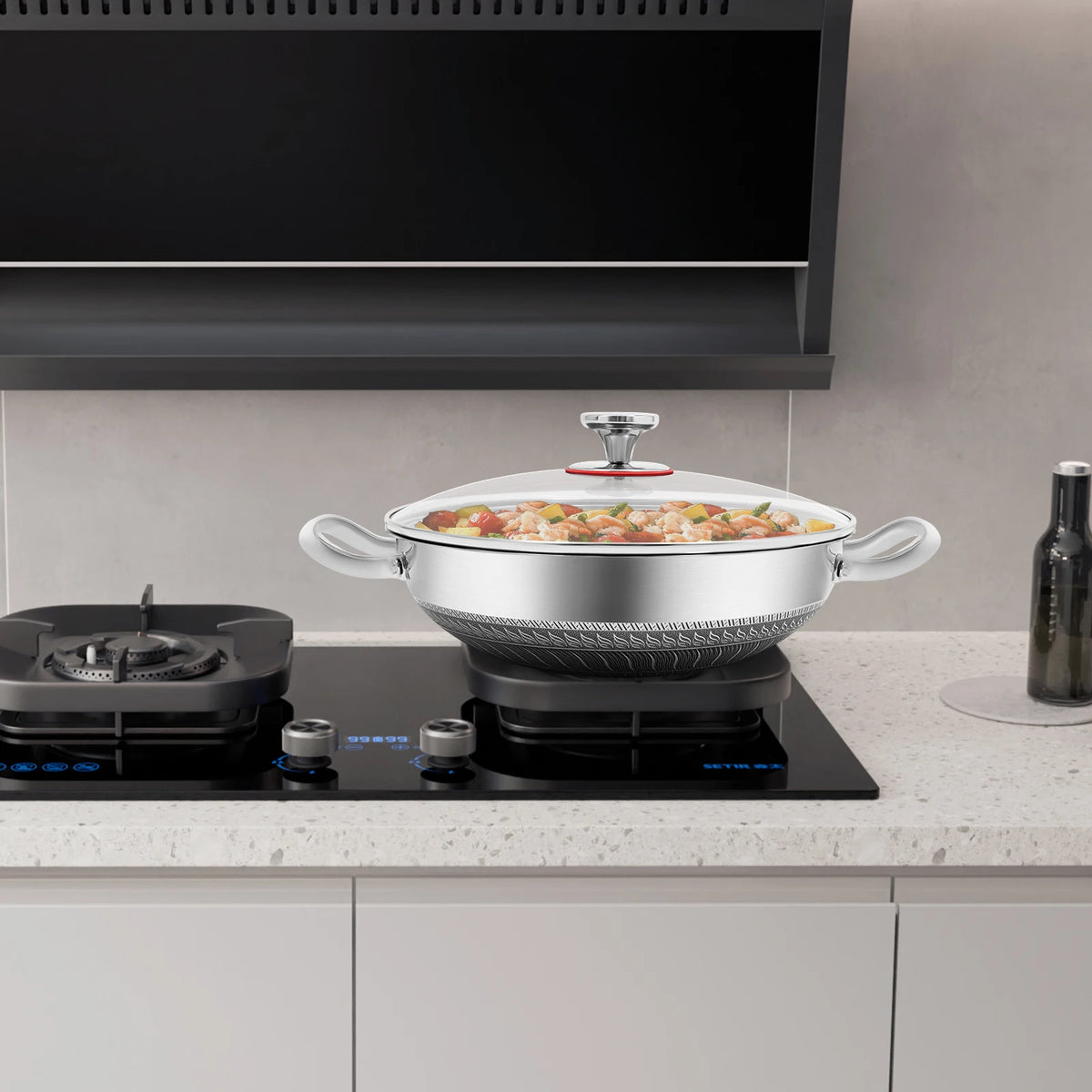 Stainless Steel Pan with Cooking Lid Non Stick Frying Pan with Lid-carrying Handle Spiral Pattern for All Hobs Including Induction, Gas, Electric, Halogen, Glass, and Ceramic