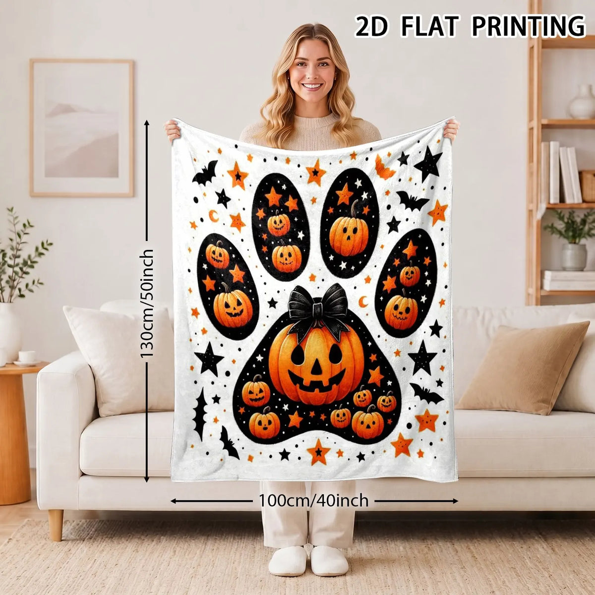 1pc, Halloween Paw Pumpkin Flannel Blanket, Cartoon Bowknot Design Printed Pattern, Camping Blanket, Nap Blanket, Outdoor Camping, Soft, Suitable for Sofas, Offices, All-Season Use, Birthday Gift