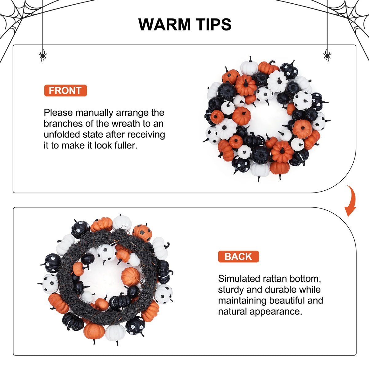 Halloween Pumpkin Wreath, with Orange, Black and White Pumpkins, Rattan Bottom Thanksgiving Indoor Home Party Decor