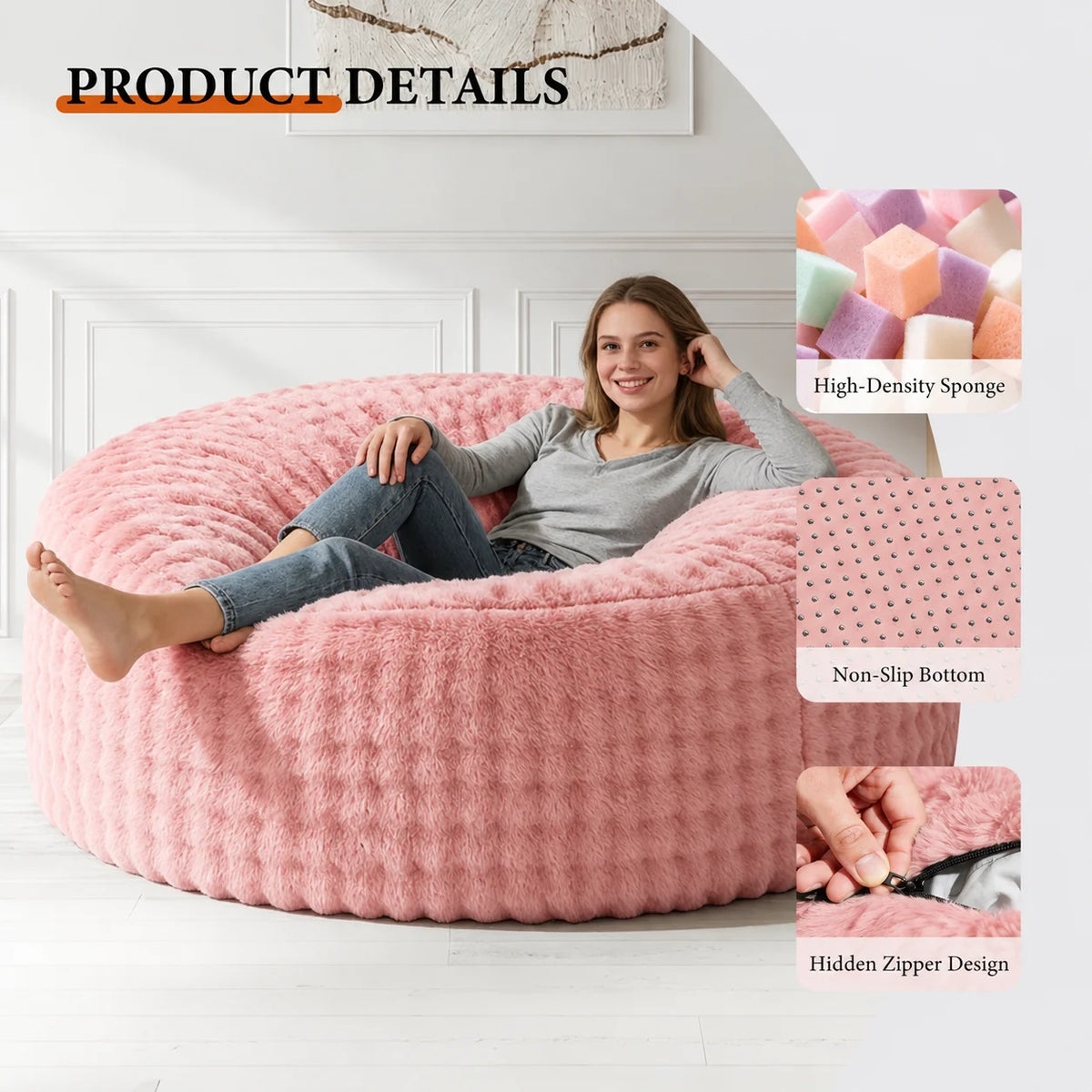 6FT Oversized Fluffy Faux Rabbit Fur Bean Bag Chair with High Density Sponge Filling, No Assembly Compressed Floor Sofa, Non-Slip Base Giant Round Lazy Couch for Adults