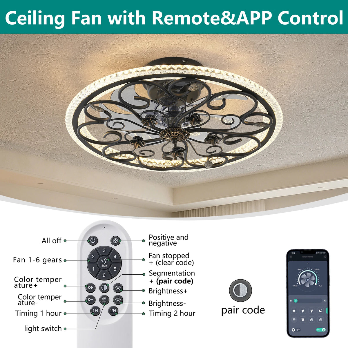 Rustic Black Caged Ceiling Fan with Light, Farmhouse Remote Control Fan Light, Reversible LED for Bedroom Kitchen