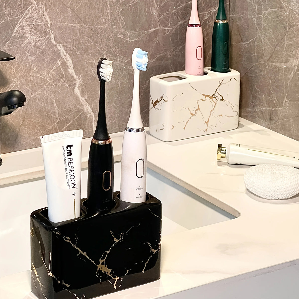 Ceramic Toothbrush Holder with Golden Marble End - 3-Slot Textured Bathroom Organizer, Rustproof Base for Countertop, Toothpaste And Brushes Storage Set