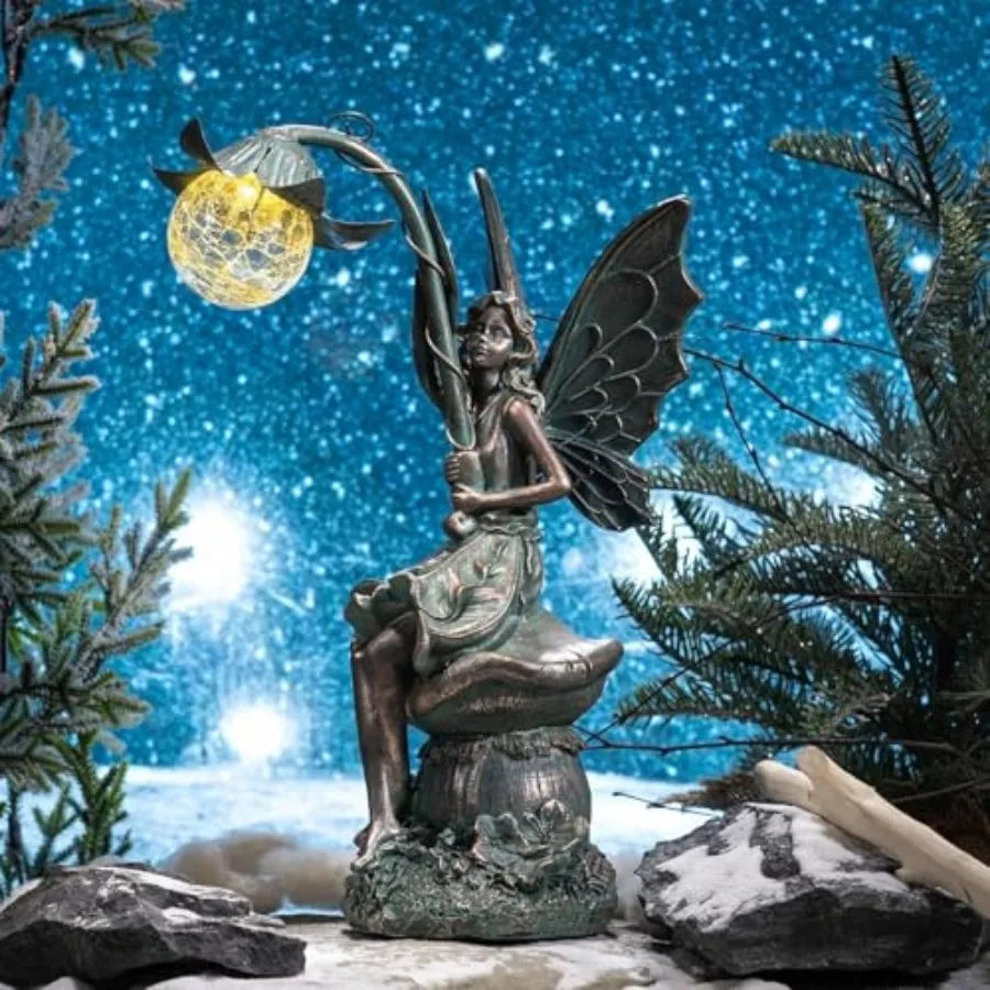 Garden Statues Fairy Sculptures and Statues, Outdoor Solar Light Garden Decor Resin Patina Bronze Figurines for Outdoor Decor,