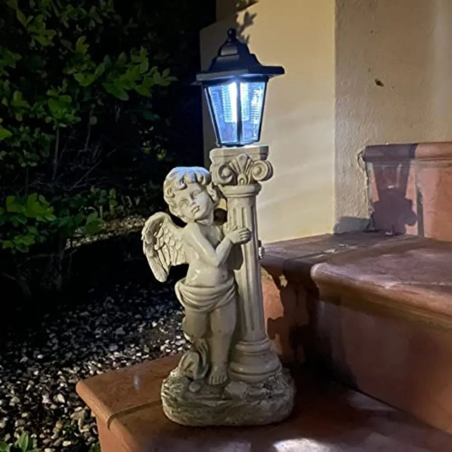 Statue with Solar Lights 19.7 Inch, Outdoor Solar Angel Garden Statue with Roma Pillar for Garden Lawn Deocr, Christian Religio