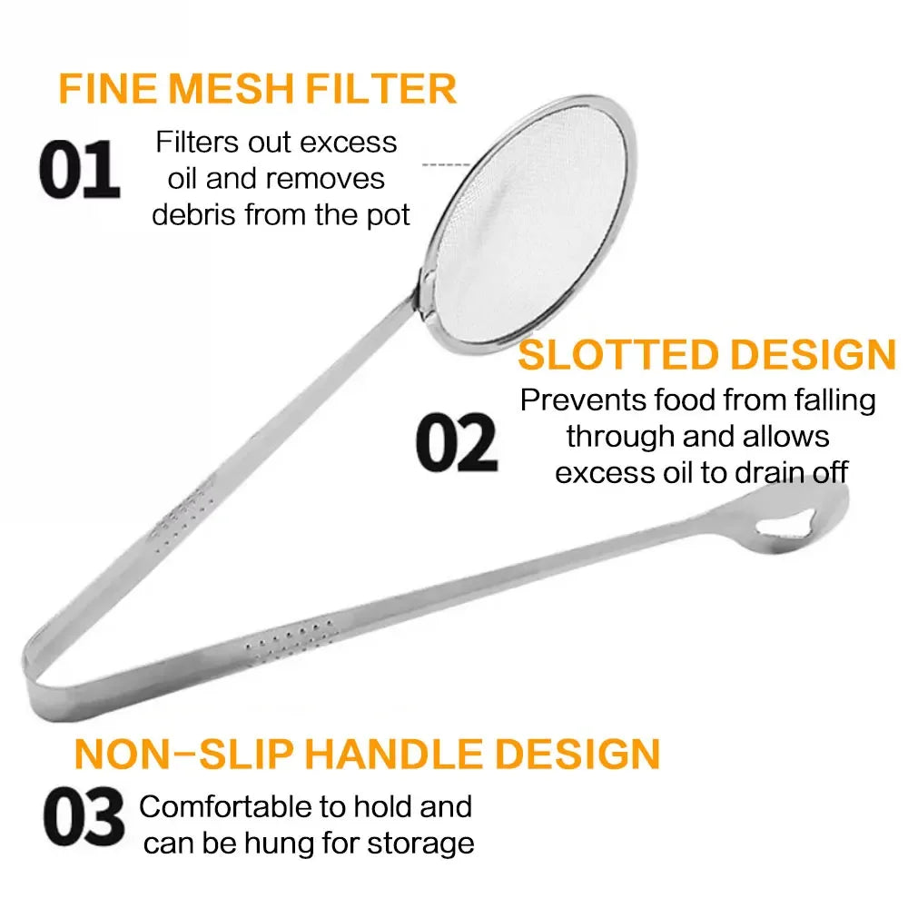 Stainless Steel Strainer Spoon Tongs, Mesh Filter Spoon and Clip Design, Approx. 280 x 100 x 10mm, Silver Finish, Approx. 40g, for Fried Food, Salads, Bread, Vegetables, Grilling and Kitchen Serving, approx. 280 x 100 x 10mm