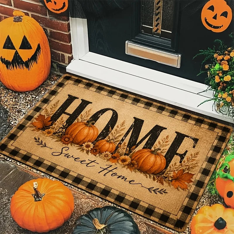 1pc Autumn Harvest Pumpkin Entrance Doormat, Thick Flannel Non-Slip Machine Washable Rug, Thanksgiving Indoor Floor Mat for Front Door Kitchen Bathroom Living