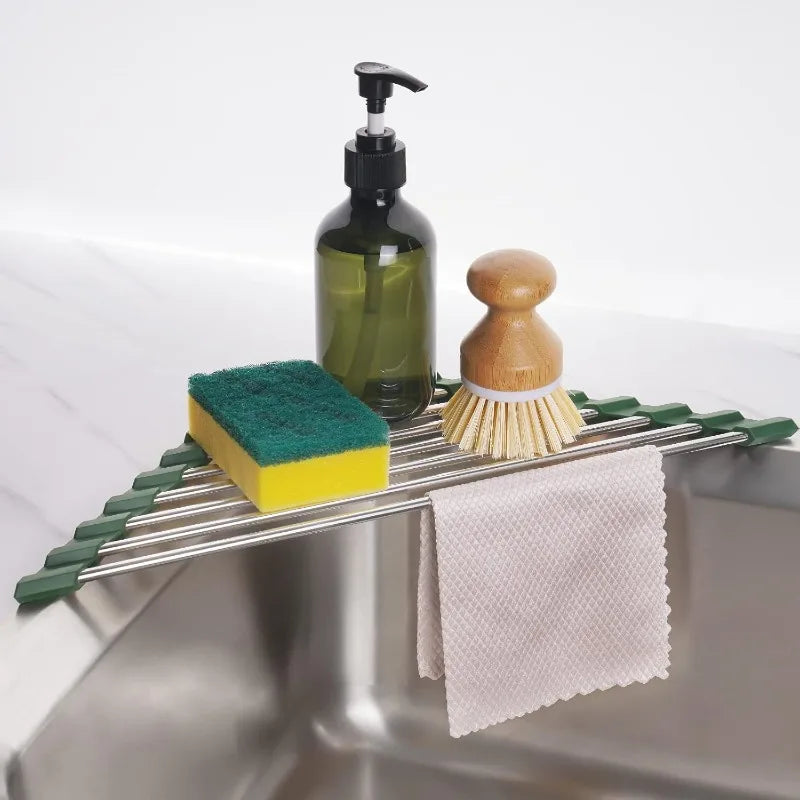 Marble Triangle Roll-Up Dish Drying Rack for Sink Corner - Small, Foldable, Stainless Steel, Multipurpose Kitchen Drainer Caddy, Trivet, Rustproof Organizer, Storage Shelf