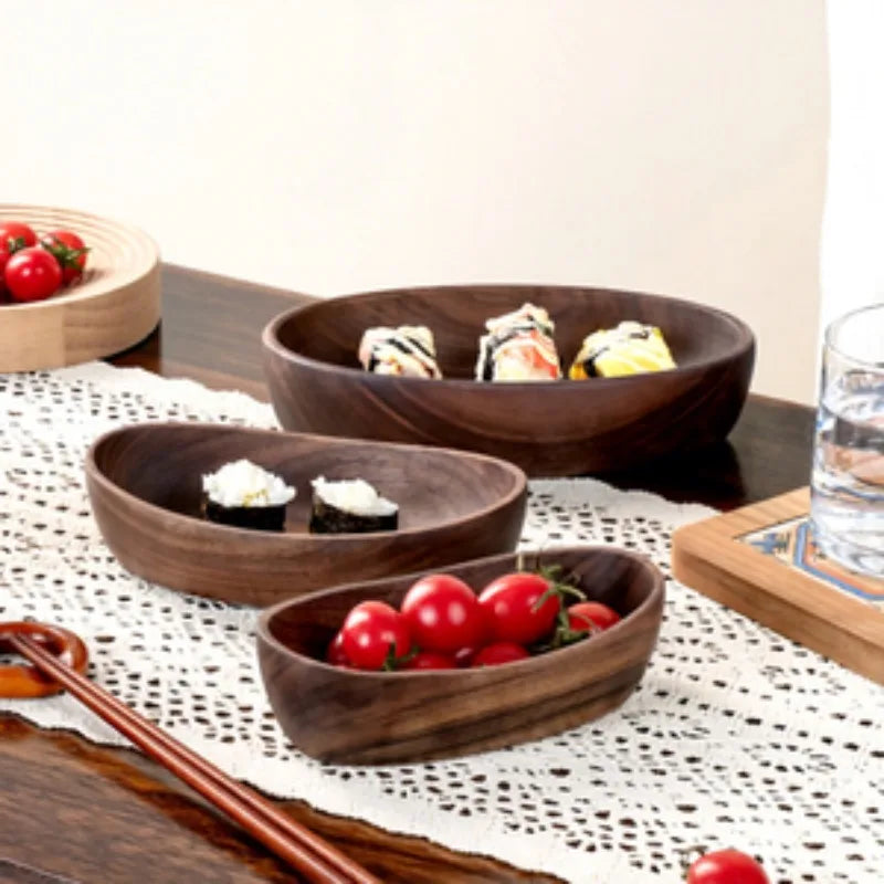 2Pcs Boat-shaped Bowl Kimchi Wooden Bowl Handmade Dessert Plate Household Vintage Wooden Tableware Fruit Salad Bowl