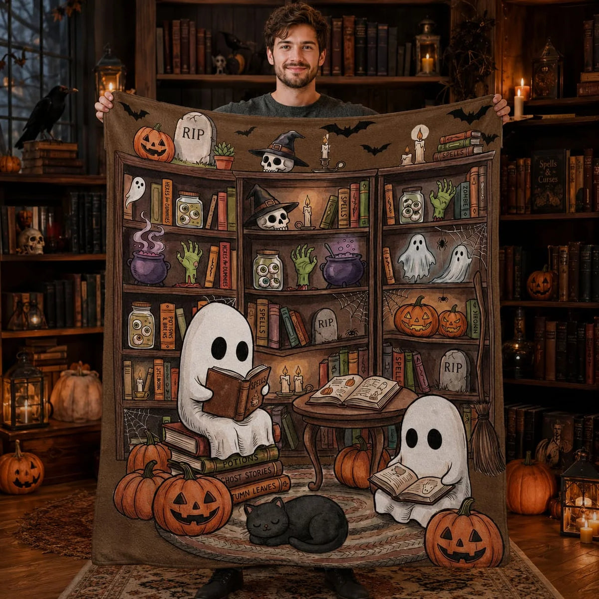 Wxiben Halloween Throw Blanket Gifts - Ghost Reading Blanket for Book Lovers Spooky Pumpkin Lightweight Soft Flannel Throw Blanket for Bed Couch Sofa Living Room Travel Halloween Decor 60x50 inches