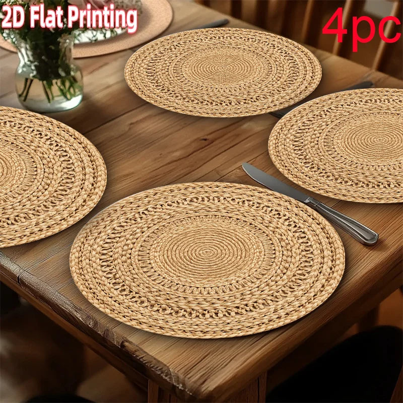 4-Pack Natural Fiber Round Placemats, Suitable for Parties and Gatherings. The table mats feature a woven natural fiber design with machine-washable fabric, ideal for decorative table settings, dining tables and Christmas dec