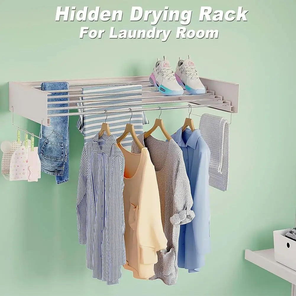 Wall Mounted Collapsible Clothes Drying Rack, Heavy Duty 5-Rod Laundry Hanger, Retractable & Collapsible, Space-Saving for Bathroom/Balcony, Indoor/Outdoor Use, White 40 Inch