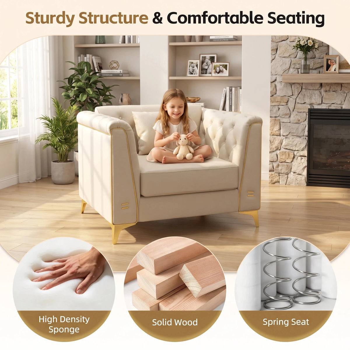 40.1" Light Luxury 1-Seater Chesterfield Style Sofa Faux Leather Upholstered Single Sofa Chair Armchair with Handmade Button Tufted Backrest Metal Trim Armrests & Slim Metal Legs Comfortable Thick Seat Cushion Accent Furnitur