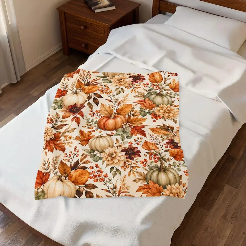 Autumn Pumpkins Floral Fall Leaves Velveteen Plush Blanket, Fall Home Livingroom, Bedroom Decor