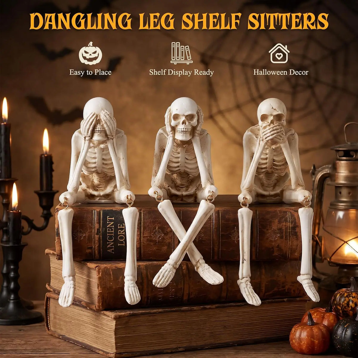 3PCS Halloween Skeleton Figurines Set Full Body Skeleton H  Movable Joint Plastic Hanging Skull Ornament for Haunted House Party Supplies