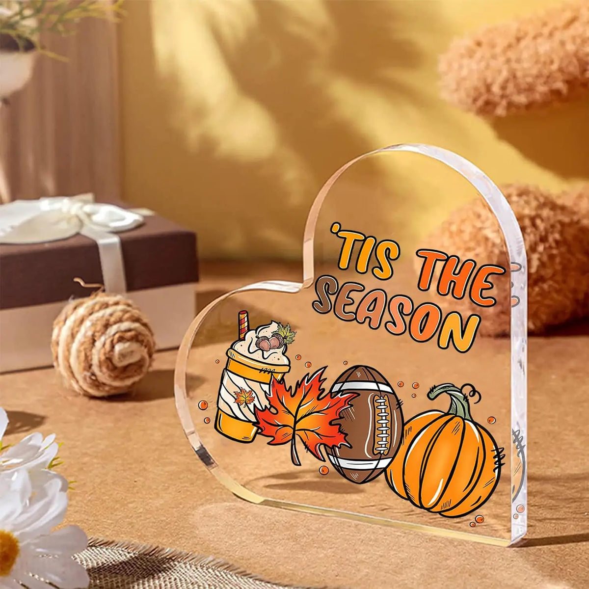 Cute Cartoon Fall Harvest Graphic Heart‑Shaped Acrylic Ornament, Autumn Thanksgiving Tabletop Decoration
