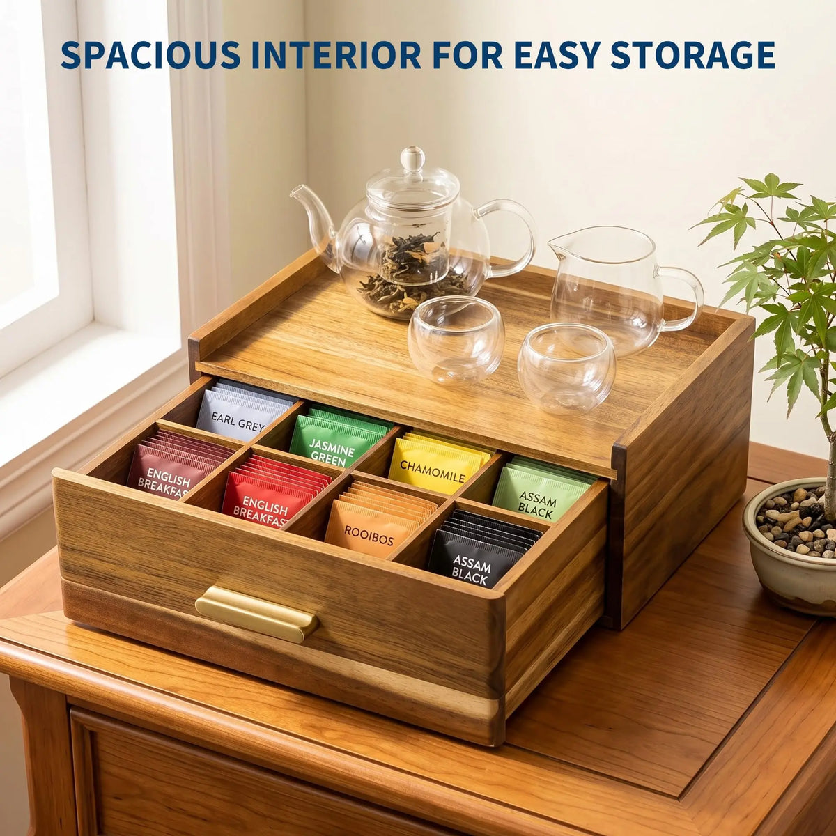 Wooden Tea Bag Organizer Drawer With Divided Compartments Wood Tea Storage Box Multi Slot Tea Caddy For Coffee Pods Countertop Holder For Home Kitchen And Office