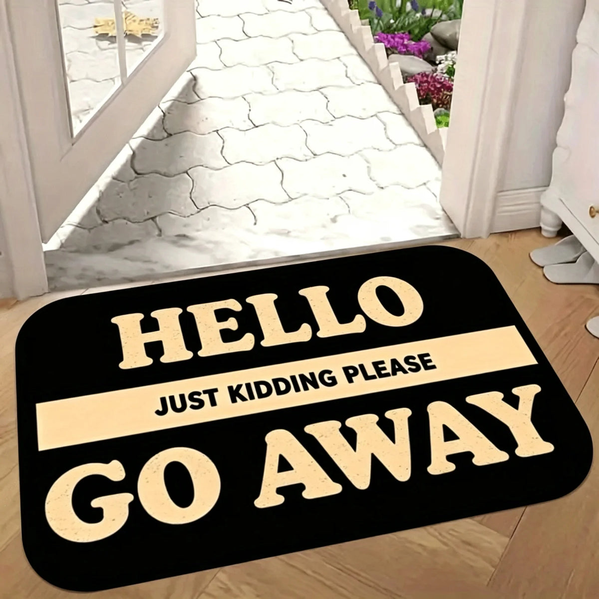 1 Fun Welcome Door Mat "Welcome Joke, Please Go Home" - Durable machine washable indoor and outdoor anti slip floor mat, rectangular door mat made of flannel material, bold text design, suitable for indoor/outdoor use