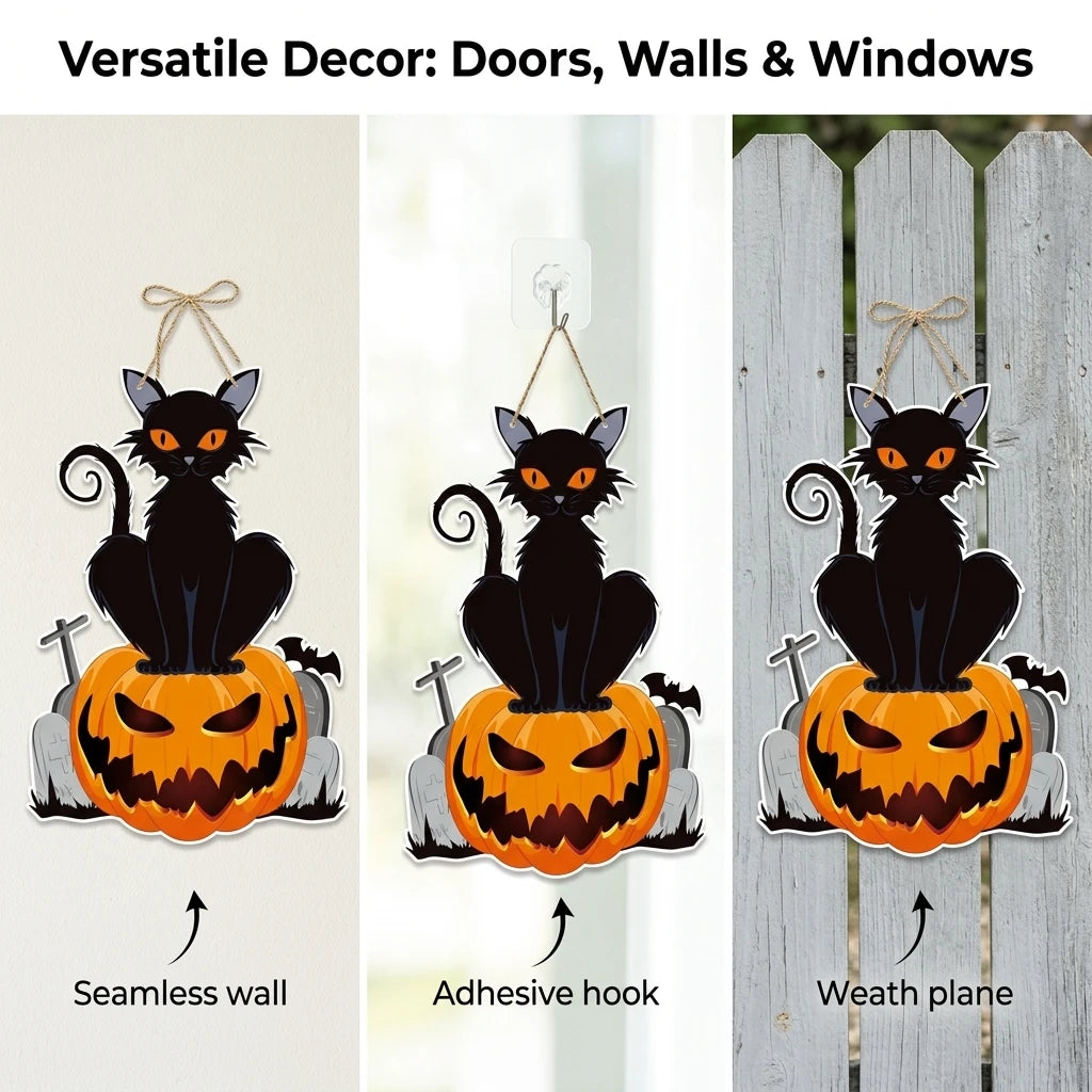 Halloween Door Hanging Decoration Spooky Black Cat on Pumpkin Jack-o-Lantern Wall Sign for Haunted House Party Bar Indoor Outdoor Home Decor Props 40 x 27.2cm