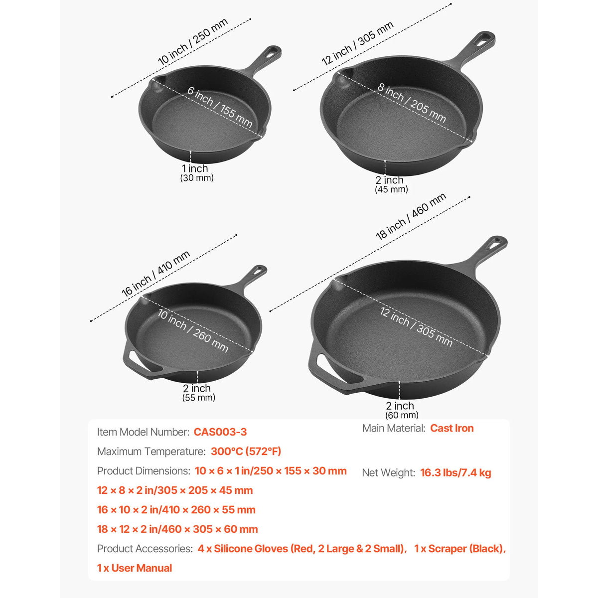 SucceBuy Cast Iron Skillet 4-Piece Frying Pan Set Skillets w/ Heat-Resistant Silicone Handle Kitchen Cookware for Gas Electrical