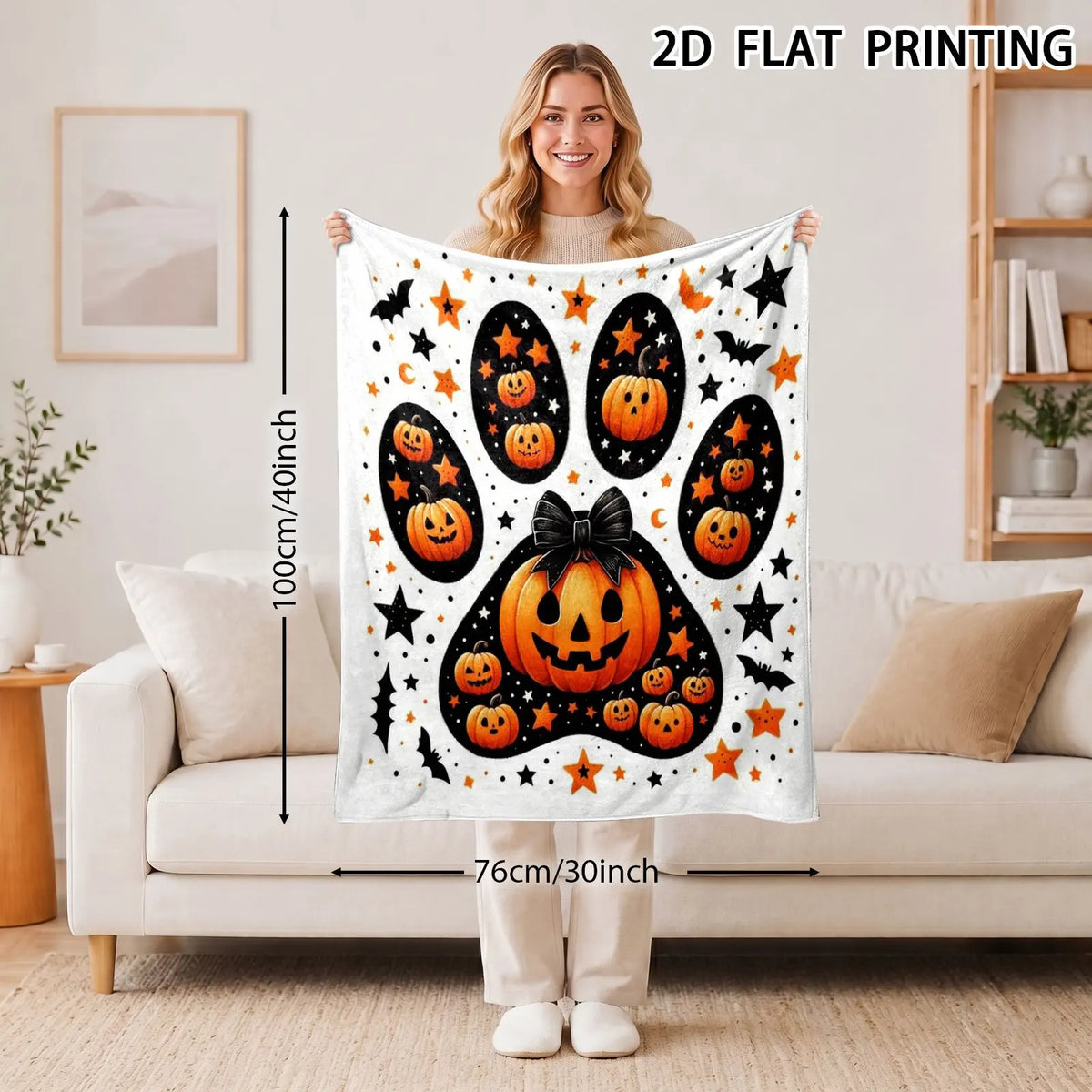 1pc, Halloween Paw Pumpkin Flannel Blanket, Cartoon Bowknot Design Printed Pattern, Camping Blanket, Nap Blanket, Outdoor Camping, Soft, Suitable for Sofas, Offices, All-Season Use, Birthday Gift