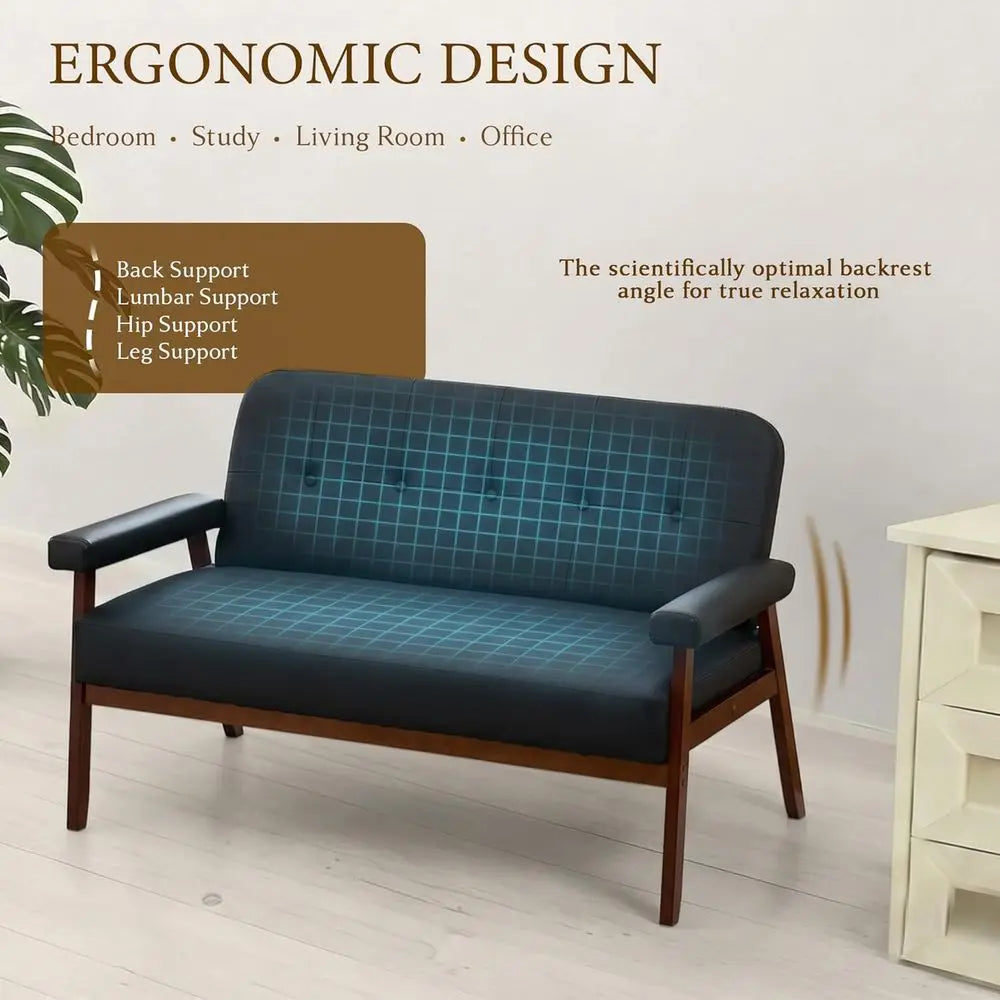 50”W Black aux Leather Small Oice Couch Loveseat Soa with Wood Arms, Century ern Love Seat Soas Lounge Armchair Living Room Bedr