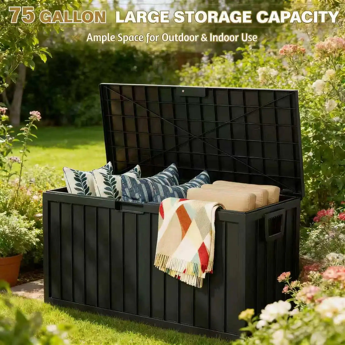 75 Gallon Large Outdoor Deck Box with Lockable Lid & Heavy-Duty Hinged Door - White/Green Heavy-Duty Plastic Storage Container,
