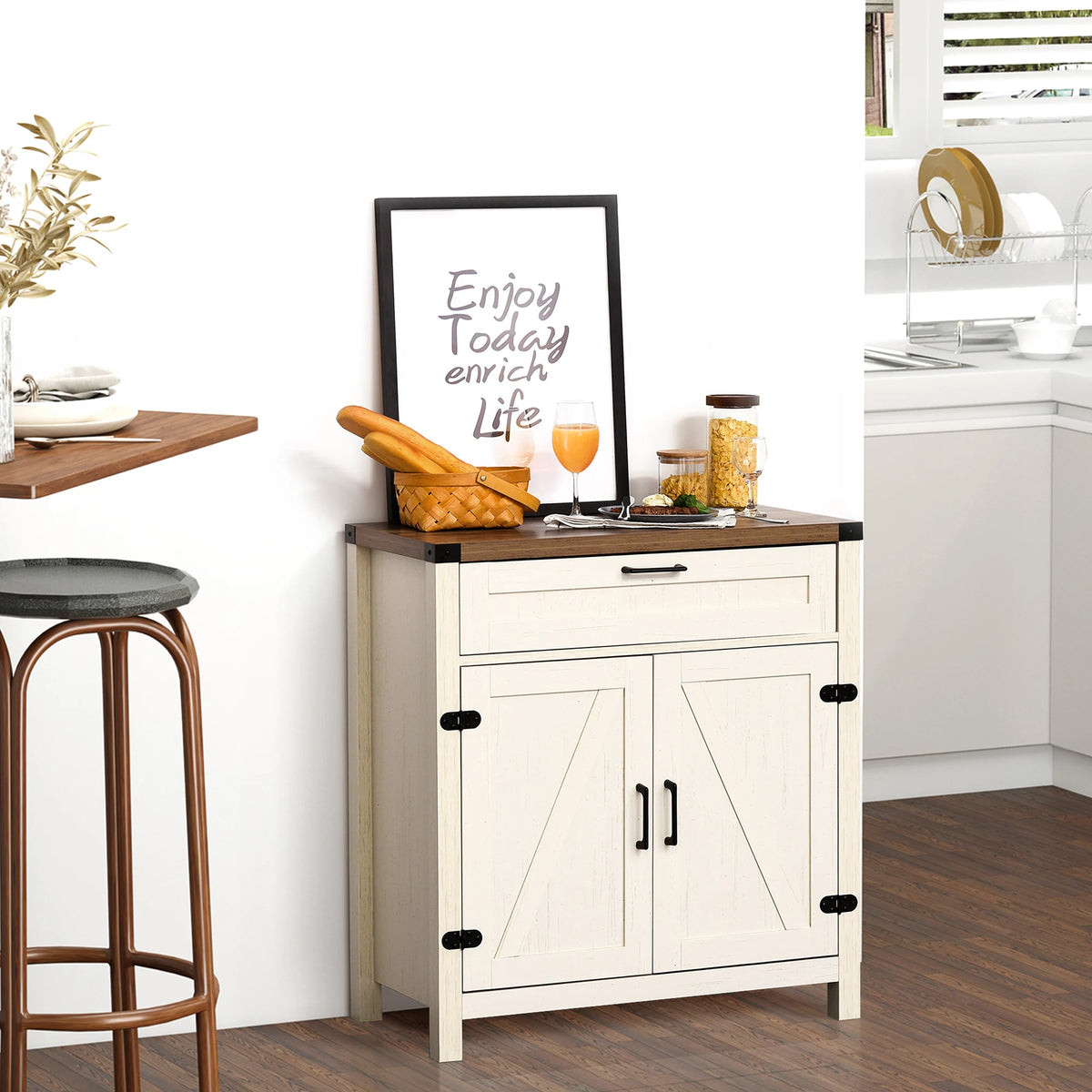 Sideboard with Storage Drawer, Modern Farmhouse Kitchen Cabinet with 2 Barn Doors, Coffee Bar Cabinet, Distressed White