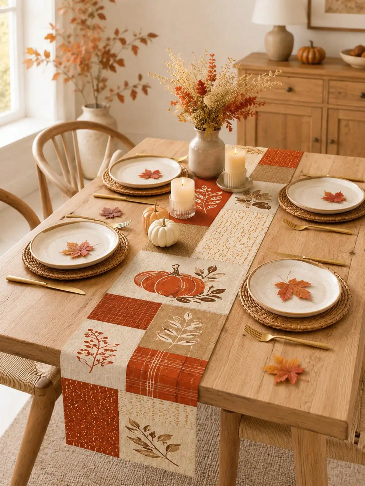 1pc-Fall Linen Table Runner, Patchwork Pumpkin Maple Leaf Table Decor, Rustic Farmhouse Autumn Dining Table Runner For Kitchen, Thanksgiving Harvest Holiday Decoration, Seasonal Centerpiece Cover For Everyday Use, Parties And