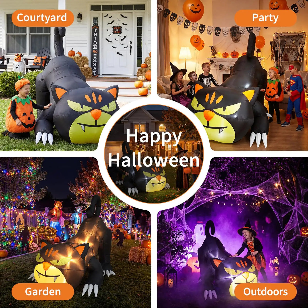 7ft Halloween Inflatable Crawling Black Cat Outdoor Yard Decor With 3 Led Lights, Blower, Stakes & Ropes For Lawn Garden Porch