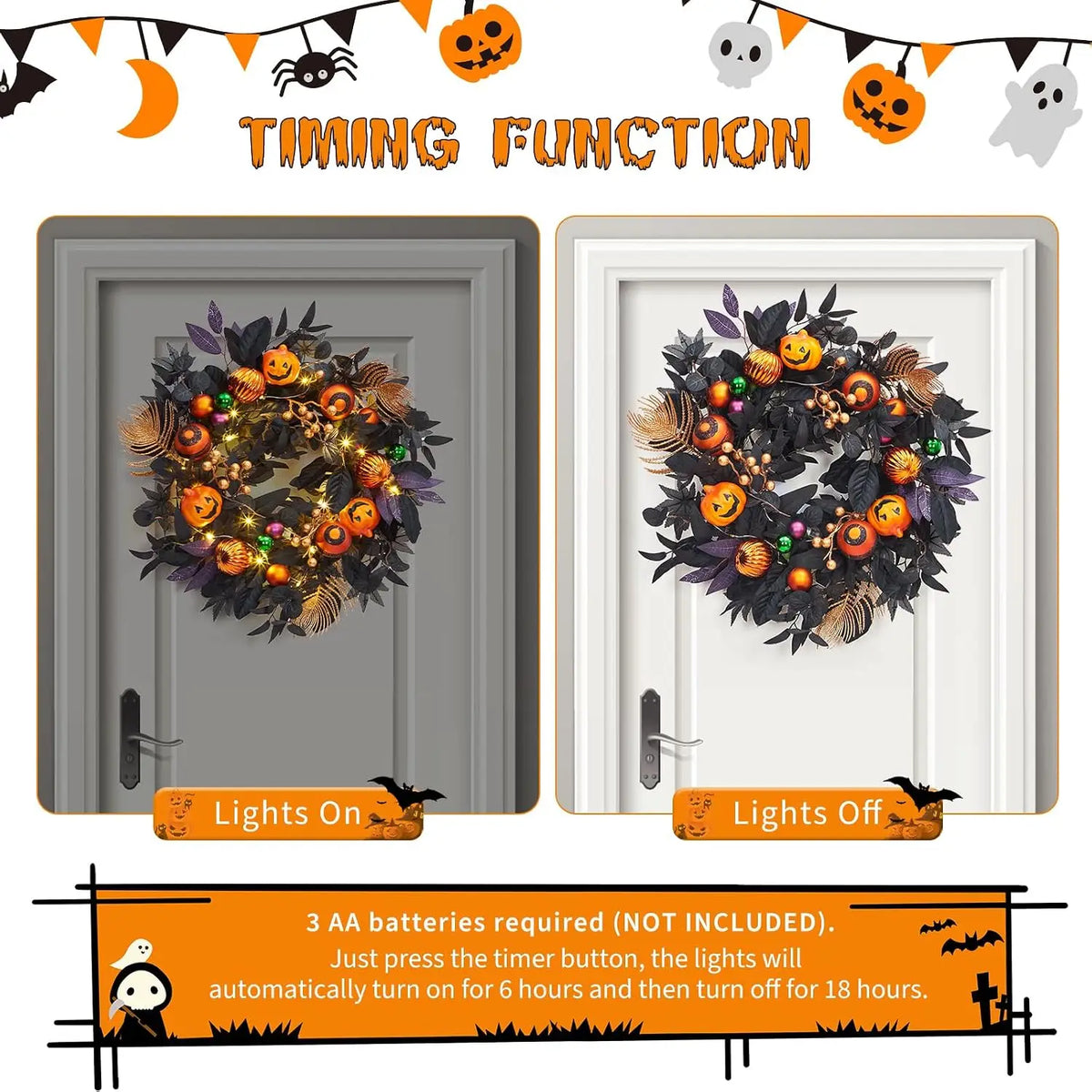 20" Halloween Pumpkin Wreath with 20 LED Lights, Ball Ornaments & Berries – Prelit Wreath for Front Door, Indoor Outdoor Window Hanging Decor