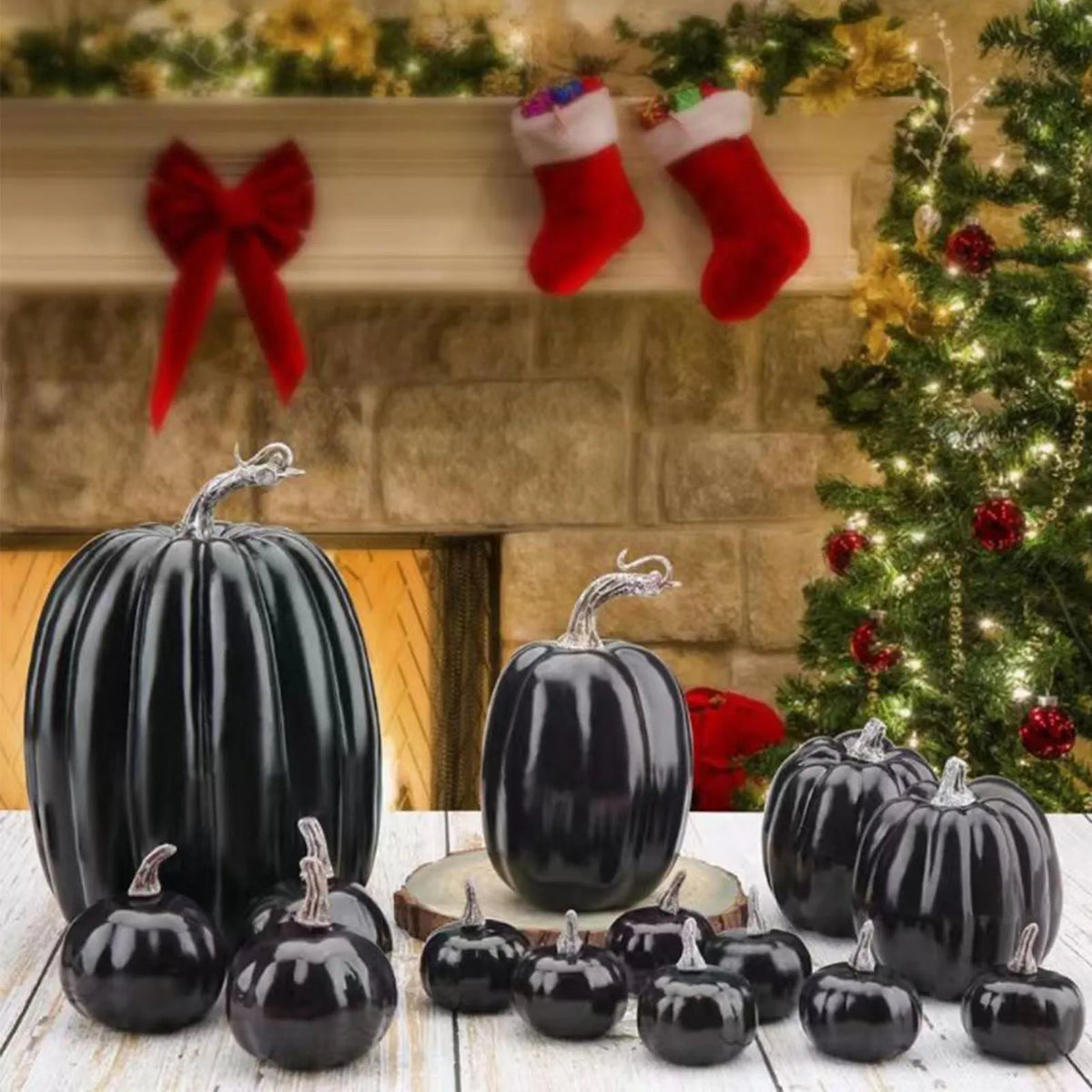 14Pcs Black Foam Faux Pumpkins Set, Lightweight Reusable Artificial Pumpkins Ornaments for Fall Halloween Thanksgiving Home Tabletop Mantel Shelf DIY Festival Decoration