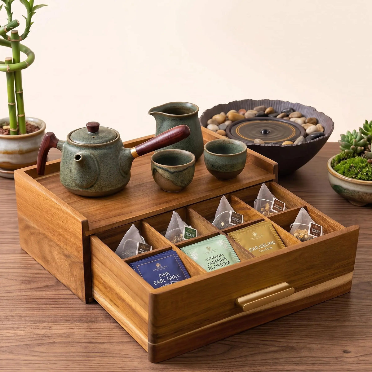 Wooden Tea Bag Organizer Drawer With Divided Compartments Wood Tea Storage Box Multi Slot Tea Caddy For Coffee Pods Countertop Holder For Home Kitchen And Office