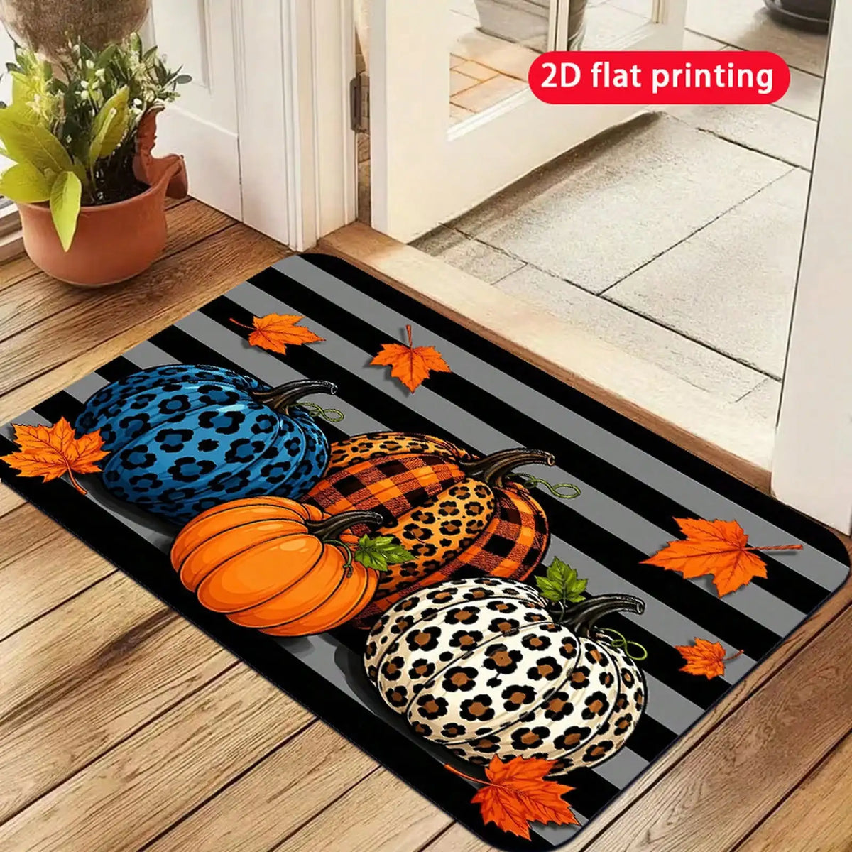 Colorful Leopard Print Pumpkin Pattern Autumn Halloween Doormat - Stylish Fall Party Style Autumn Halloween Doormat, Non-Slip, Machine Washable Doormat