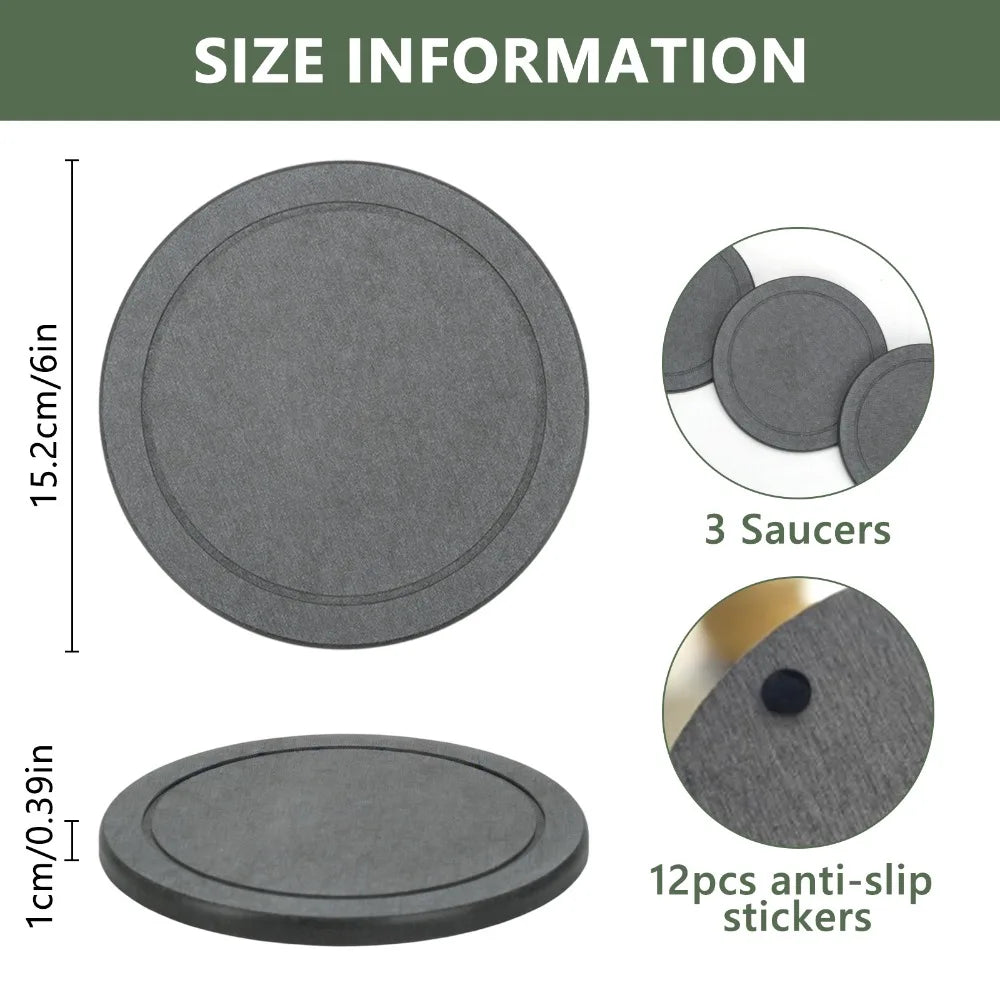 3Pcs/Set Diatomaceous Earth Plant Saucer Set, 3 Pack, Gray, 6 or 8 Inch Diameter, Indoor Outdoor Planter Drip Tray with Non-Slip Pads