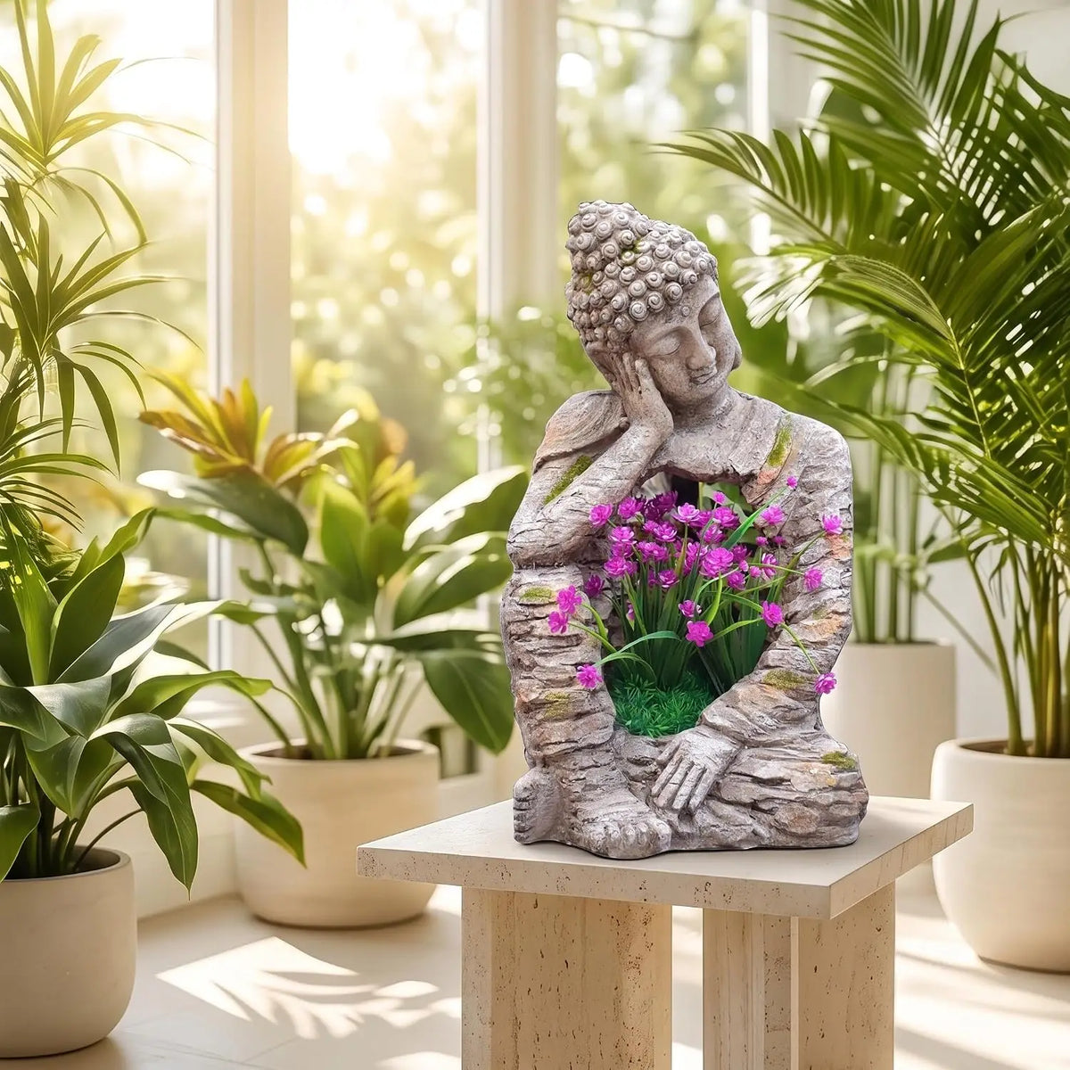 Seated Resin Buddha Garden Statue Distressed Stone Finish With Planting Opening Weatherproof Zen Sculpture Decor For Patio Yard Porch Entryway Indoor Meditation Space