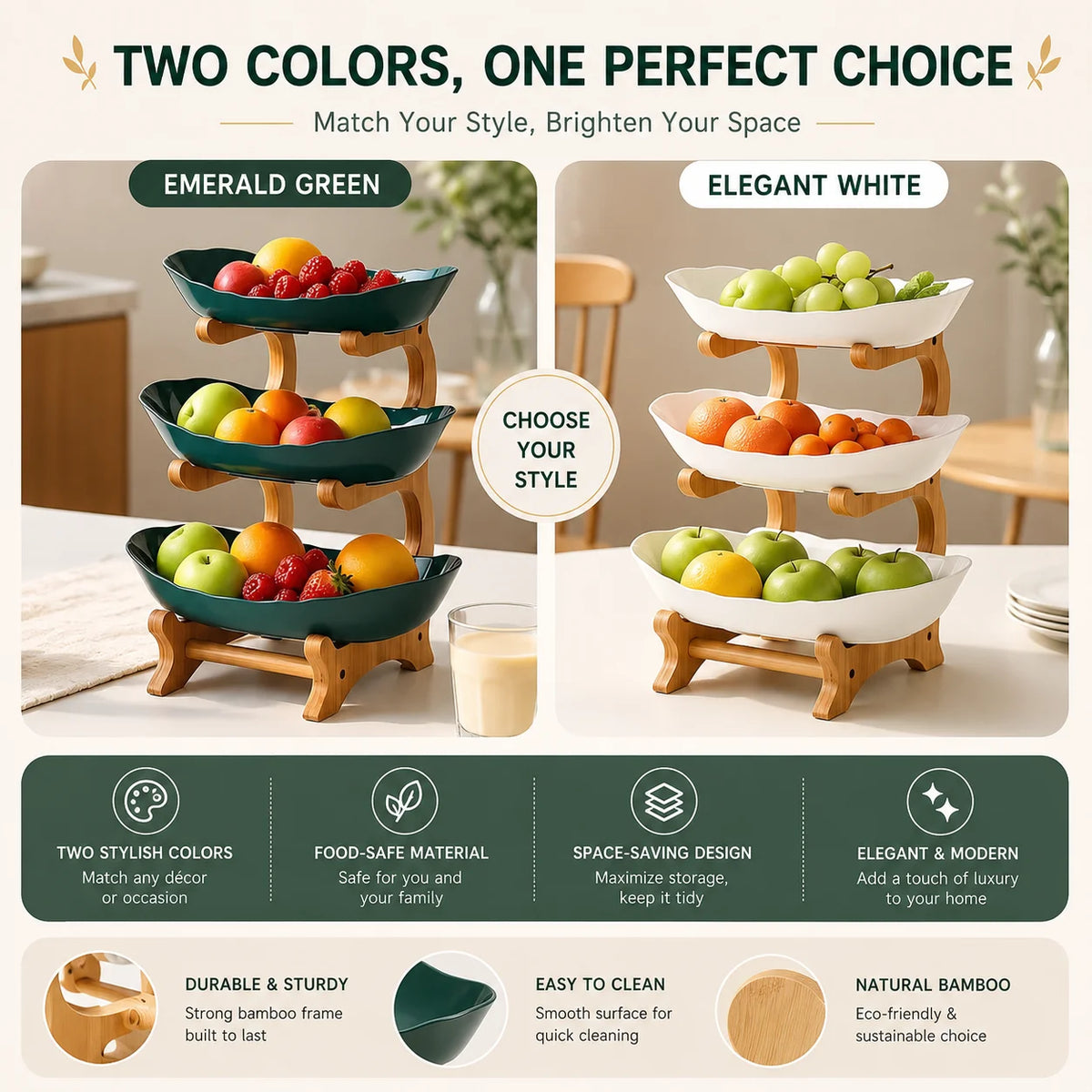 2/3-Tier Fruit Bowl with Stand, Plastic Fruit Basket with Bamboo Frame for Kitchen Countertop, Large Capacity Fruit Display Stand for Fruit, Snacks, Candy, Bread & Party, Gold Fork Included