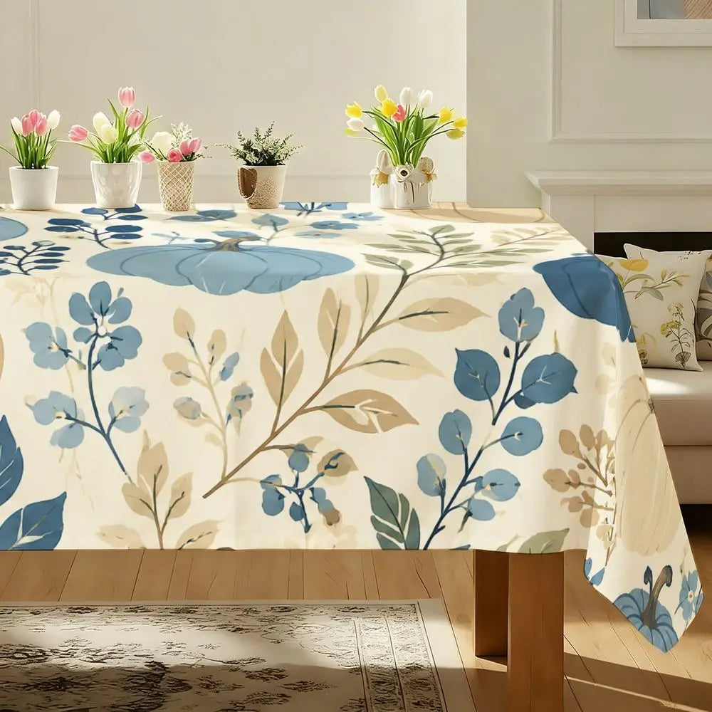 Fall Harvest Dining Tablecloth - Blue Pumpkins And Floral Pattern, Cream Farmhouse Style Decor, Durable Fabric, Rectangular, Suitable for Autumn Home Kitchen, Thanksgiving Dinner, Holiday Party, Dining Room Table Cover, Indoo