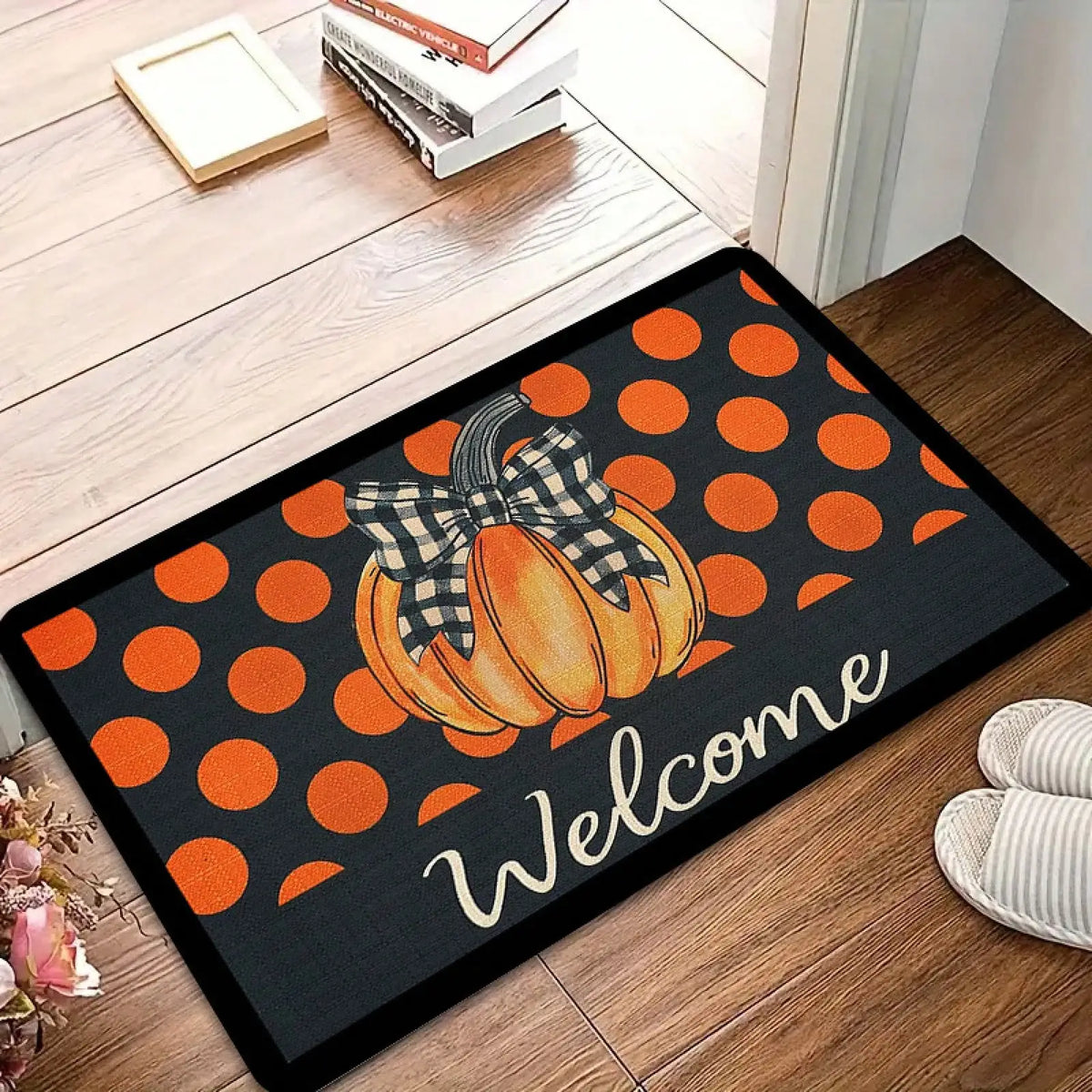 1pc Black & Orange Plaid Pumpkin Welcome With Bow - Heavy-Duty 600g/² Non-Slip, Washable Autumn Fall Welcome Sign Porch, RV, /Outdoor Use - Beige Bow Accent &