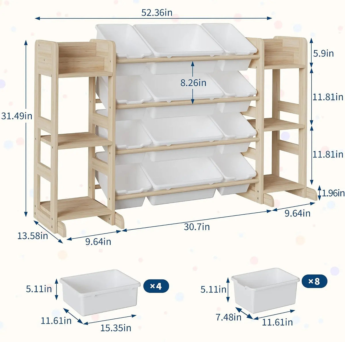 Tacleekii 42" 52" Wide Kids Toy Storage Organizer with 12 Bins & 3 Open Shelves Solid Wood Bookshelf Cabinet Storage Unit for Playroom Bedroom Living Room